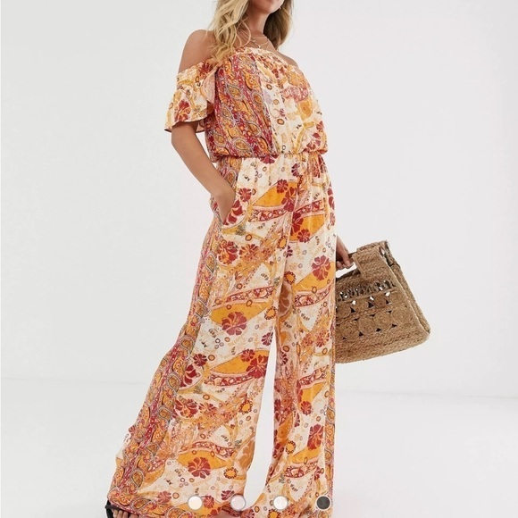 Free People Carmen Vibrant Orange Boho print off the shoulder Wide Leg Jumpsuit - Picture 9 of 11